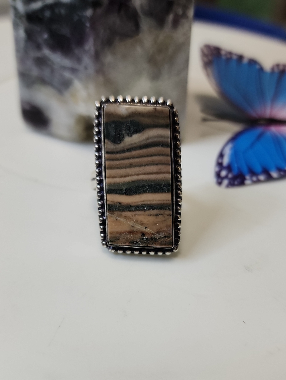 Handcrafted Beige and Black Striped Stone Statement Ring